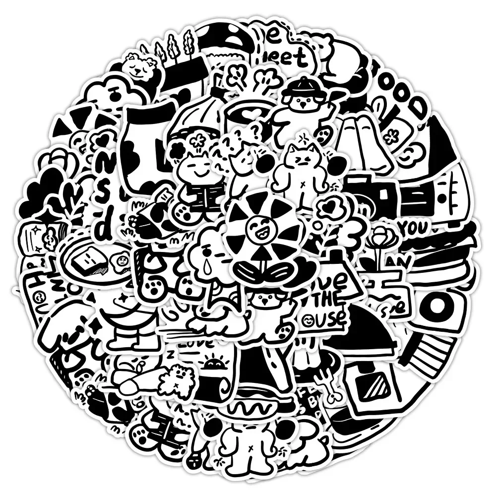 60PCS Schwarz Weiß Einfache Cartoon Aufkleber Koreanischen Stil Nette Aufkleber DIY Sammelalbum Telefon Koffer Laptop Kühlschrank Graffiti Spielzeug geschenk