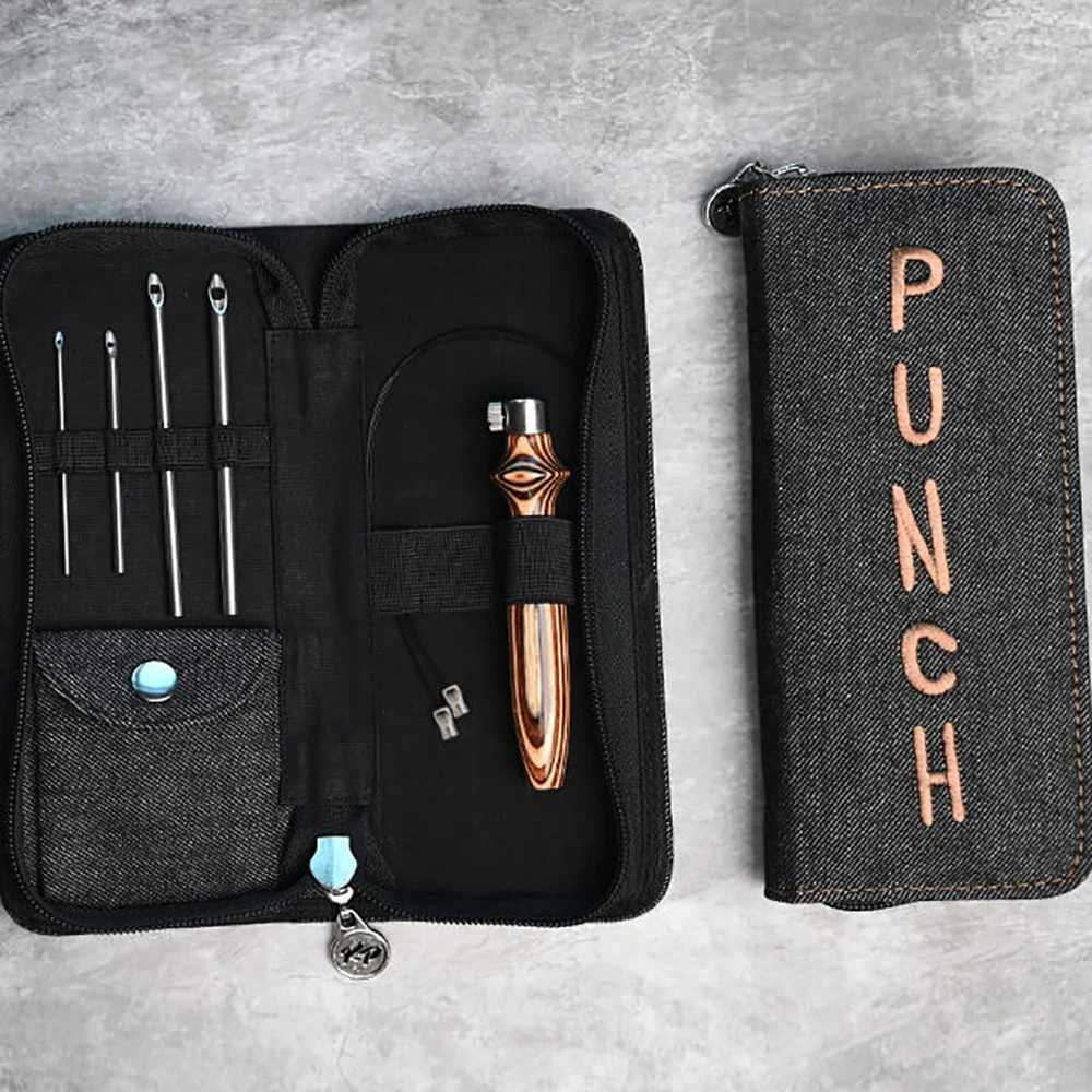 Knit Pro Earthy Punch Needle Set, 1 Wooden Handle & 4 Needles, Packed in Denim Black Case for Punching DIY Crafts with Yarns