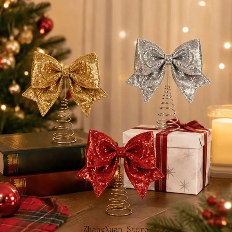 Glitzernde Feiertags-Schleifenverzierung mit Federsockel für Weihnachtsbaum und Fenster, 3 x – Detail 5