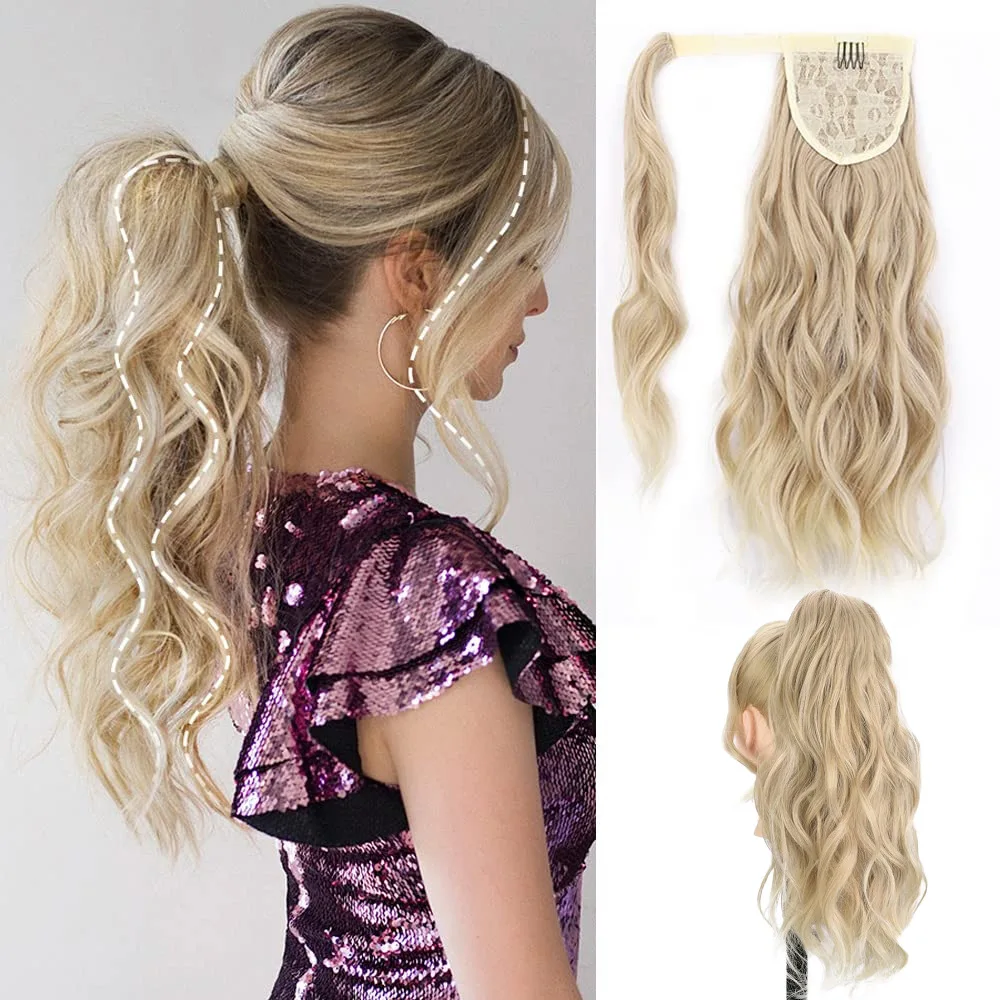 

Ponytail Extension Long gold Wavy Wrap Around Fluffy Clip in Synthetic Pony Tails Hair Pieces for Women Daily Use 22D