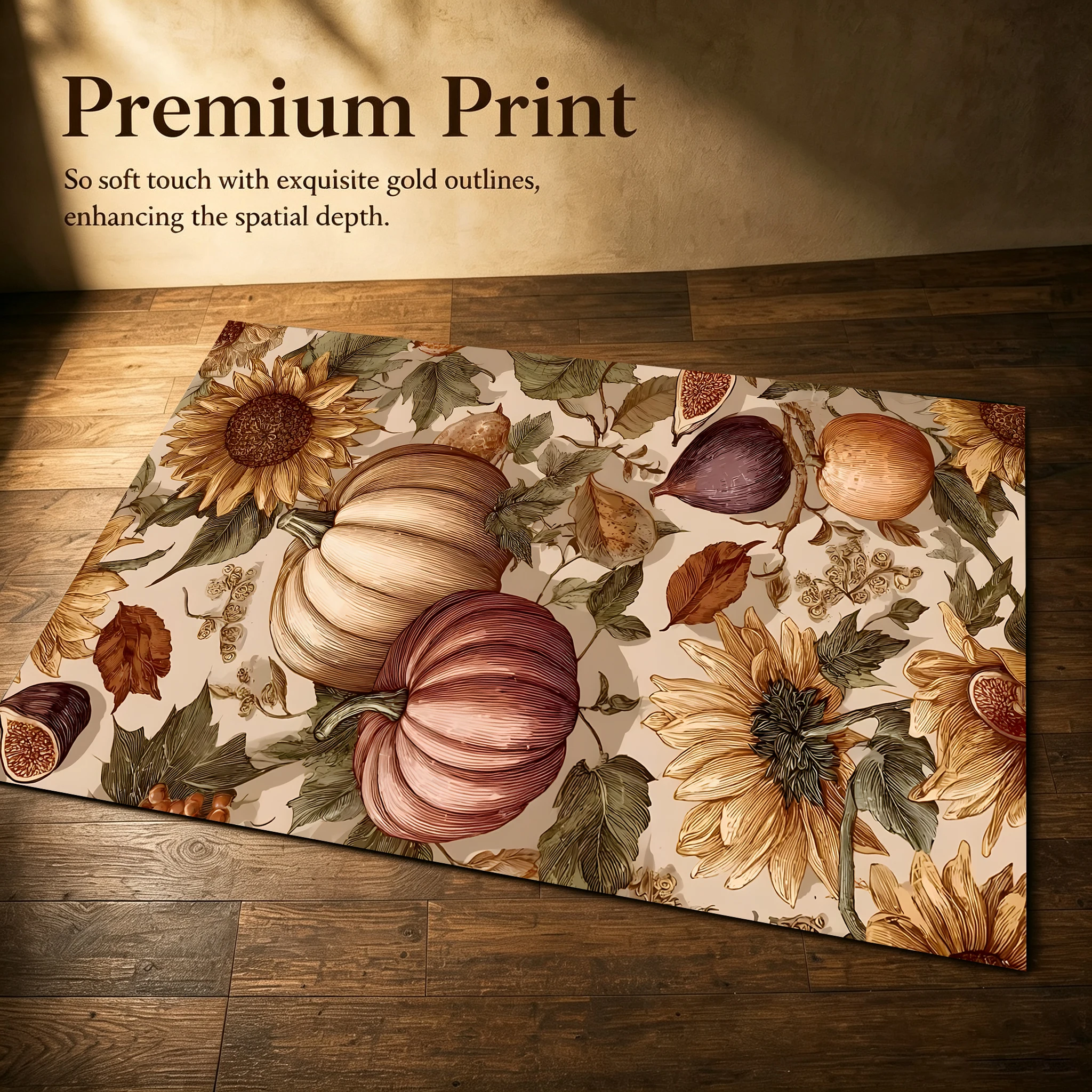 Sunflower and Pumpkin Autumn Fruit and Vegetable Print Retro Pastoral Style Autumn and Winter Velvet Rug, Suitable for Living Room, Bedroom, and Entryway to Create a Warm Autumn Harvest Atmosphere