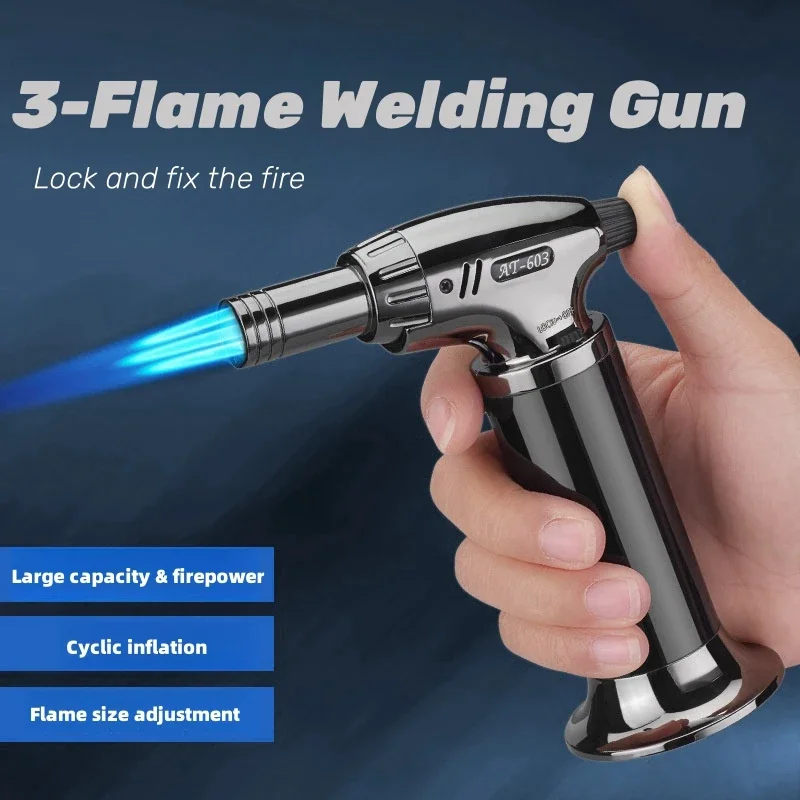 

Convenient Lock Fire Metal 3 Big Firepower Jet Flame Lighter Gas Lighter Outdoor BBQ Kitchen Cooking Welding Torch Gun Tools New