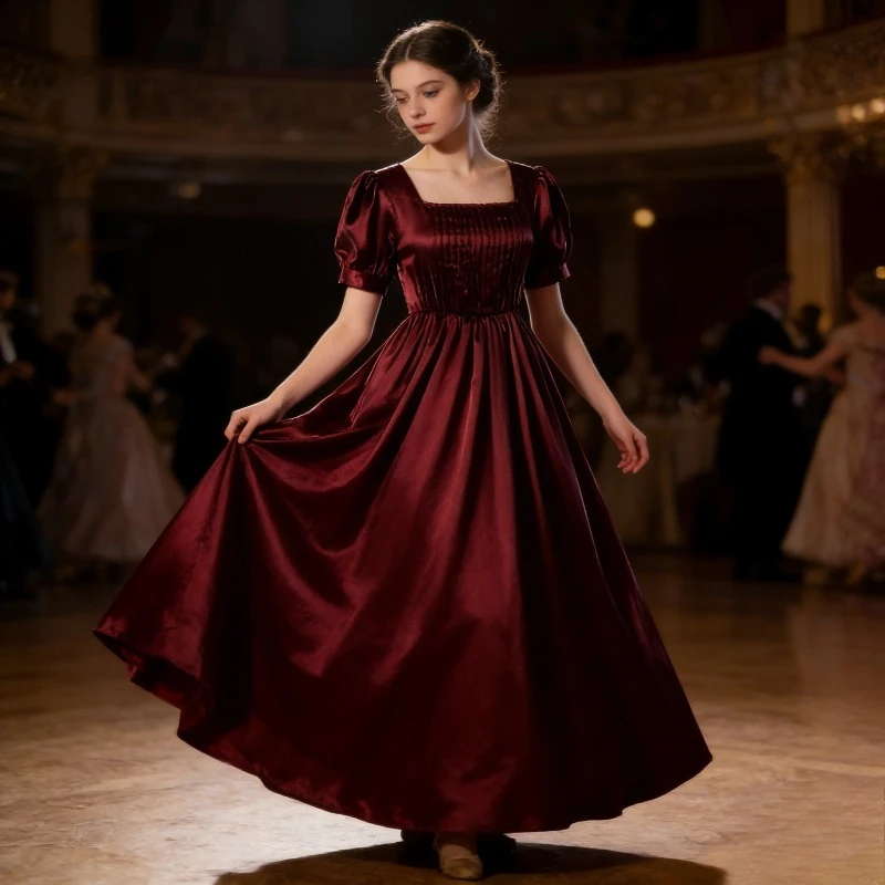 

Medieval Satin Dress High Waist Victorian Tea Gown Halloween Cosplay Ball Gown Elegant Historical Theatrical Look