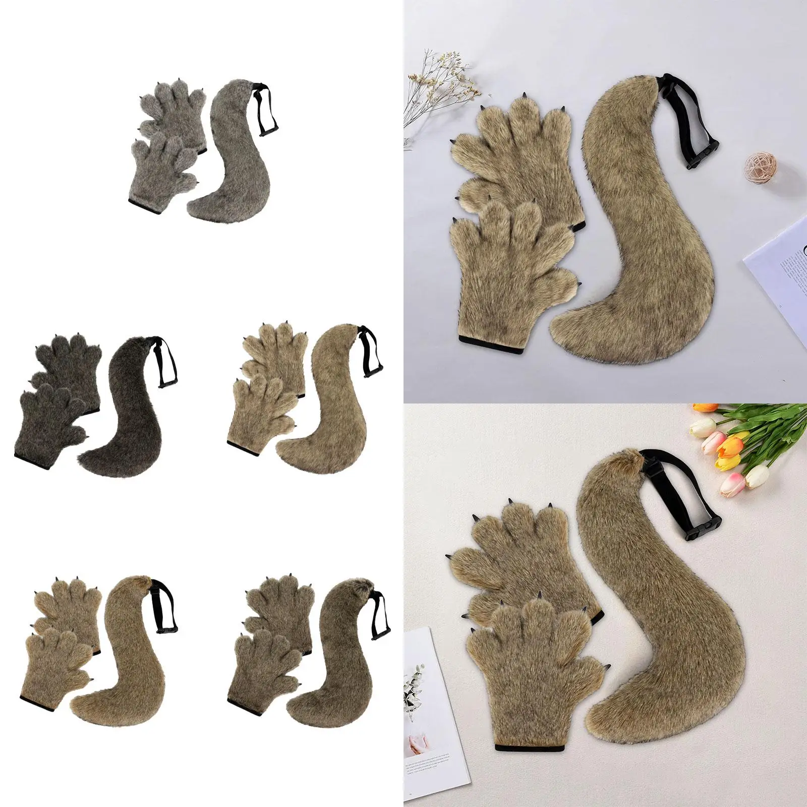 Halloween Wolf Beast Paws Gloves and Tail Set for Club Holidays Themed Party