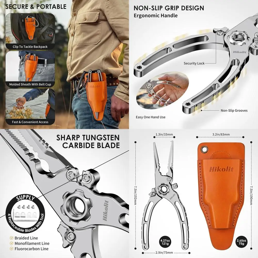 

7.5” Titanium Fishing Pliers, Saltwater Fishing Pliers with Leather Sheath and lanyard, Never Rust Hook Remover and Split Rings,