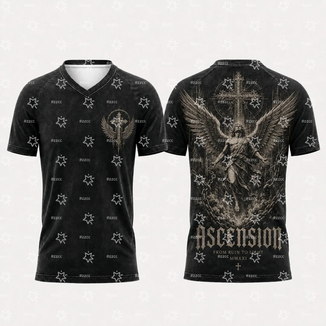 Vintage Washed V‑Neck T‑Shirt Men Gothic Fallen Angel Cross Graphic Print Short Sleeve Tee Dark Punk Streetwear Casual Tops