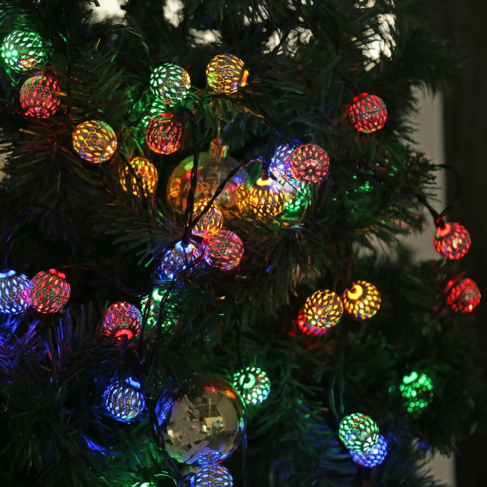 LED Solar String Light Metal Hollow Moroccan Ball Fairy Lamp Garden Decor Waterproof Metal Colorful Lantern Light