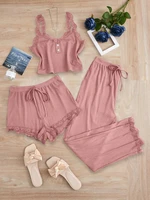 New 2025 Women's Summer 3PCS Pajama Sets Solid Vest Shorts and Pants Paired with Lace Splicing for Homewear Sexy Sleepwear Sets - Image 5