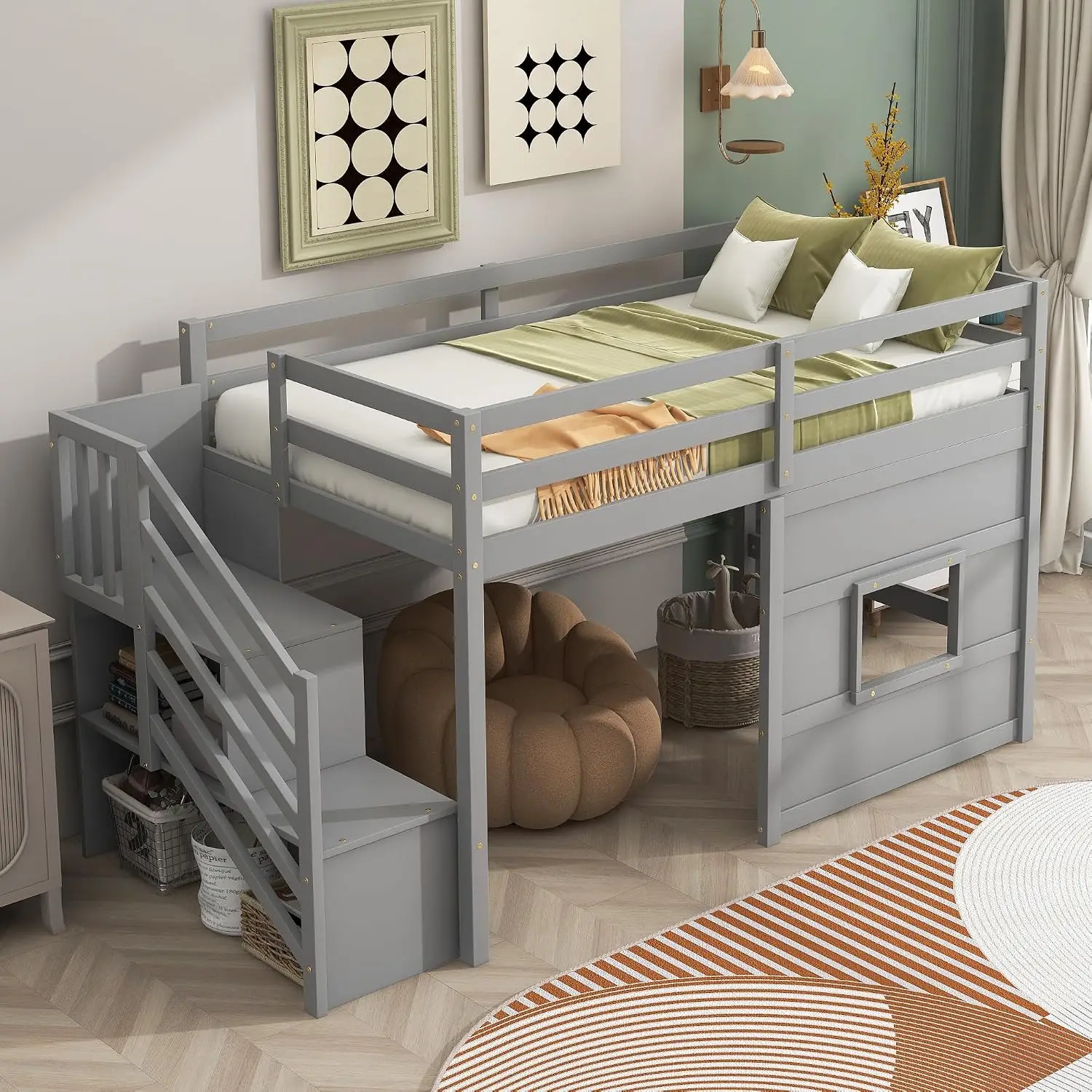 Twin Size Loft Bed with Storage Staircase, Solid Wood Loft Bed Frame with LED Light and Safety Guardrail, Under-Bed, Customized