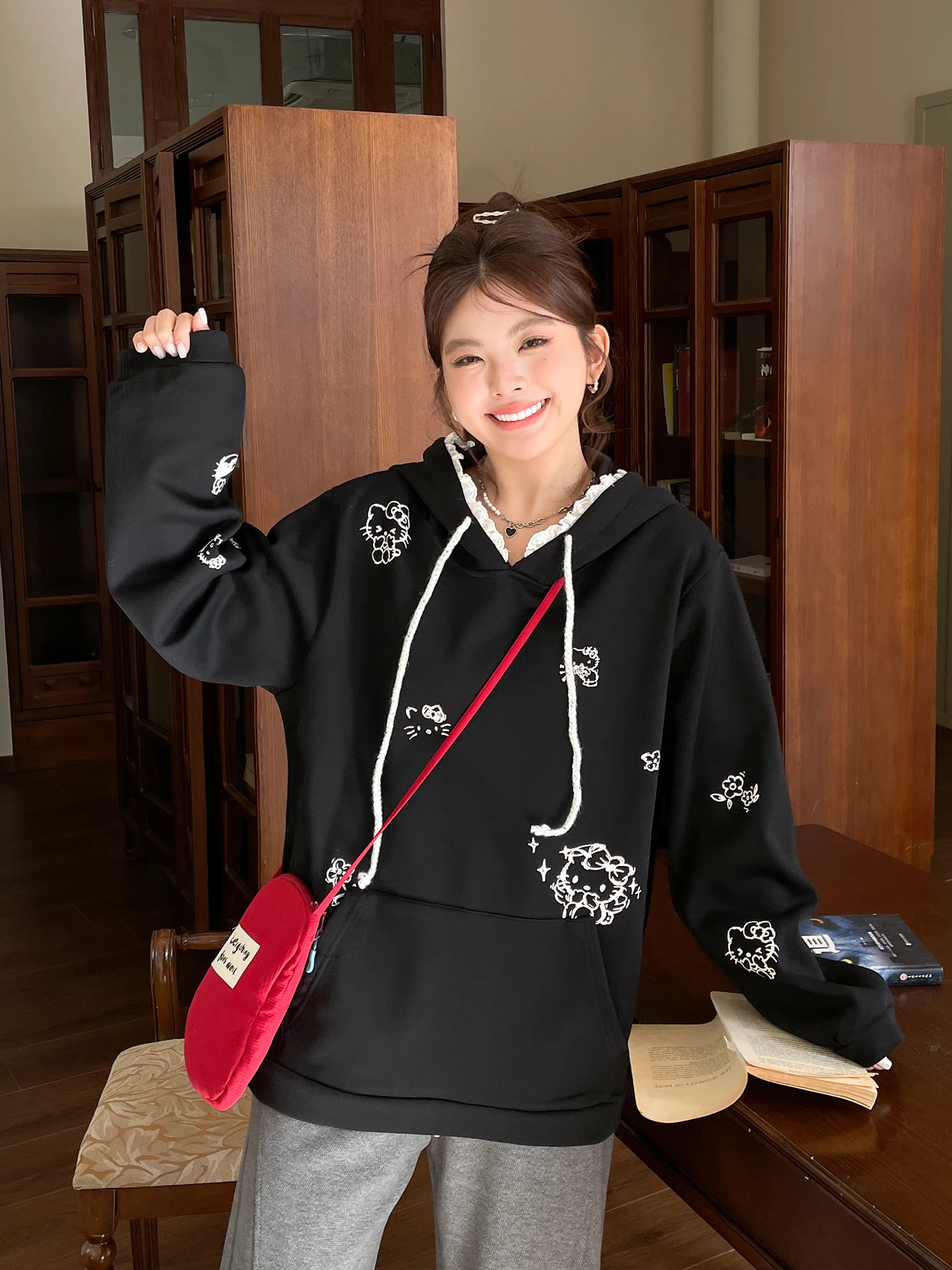 

Sweet Sle Fce Lined Hoodie Lace Detail Thiened Autumn Winter Women's Sweatirt plus Size Comfortable Soft Fabric Top