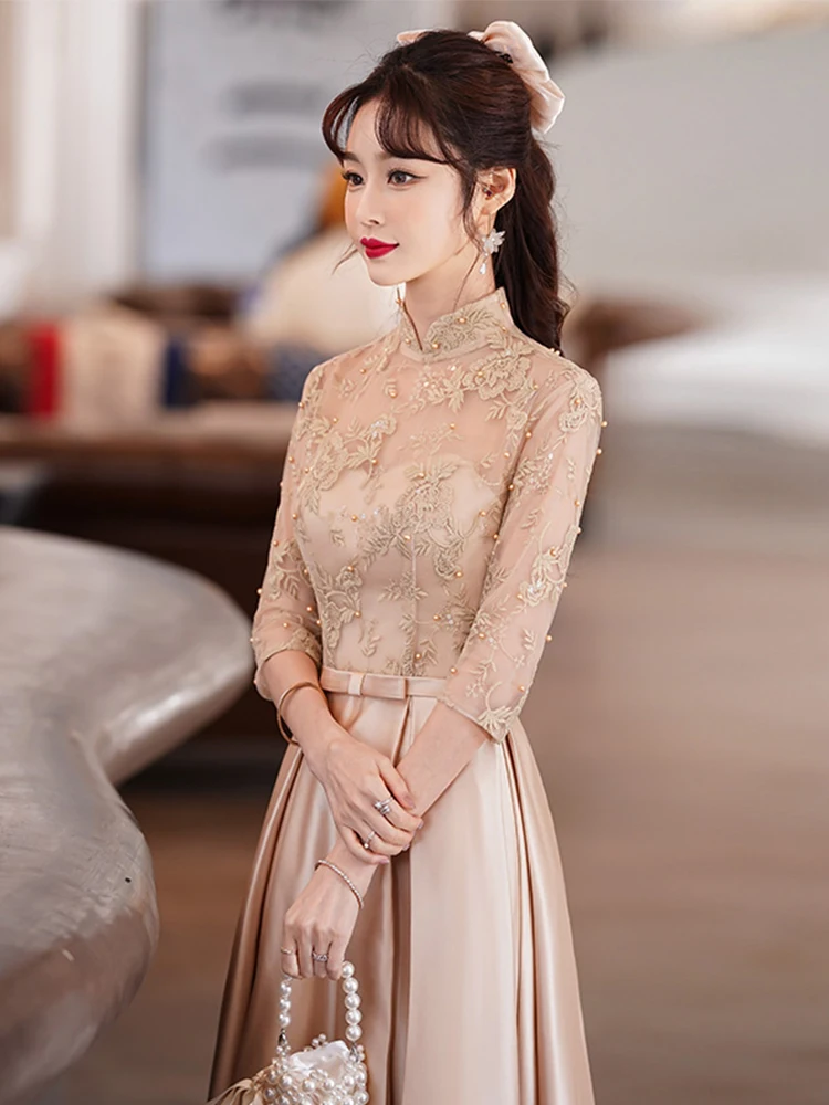 

Ele Long Chinese Sle Lace Qipao Dr for Wedding Ceremony Host New Year's Par Faionable Vintage Mid-Waist Gown