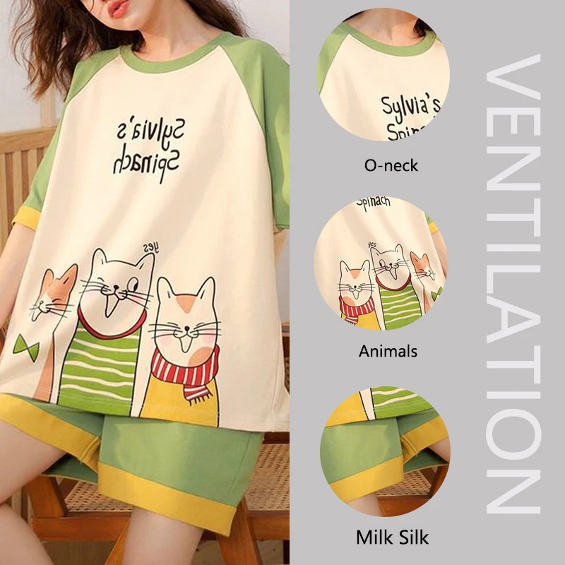 Korean Version of the Girl Sleepwear Large Size Cartoon Women Pajamas Short-Sleeved Shorts Ladies Summer Silk Home Wear Cartoon