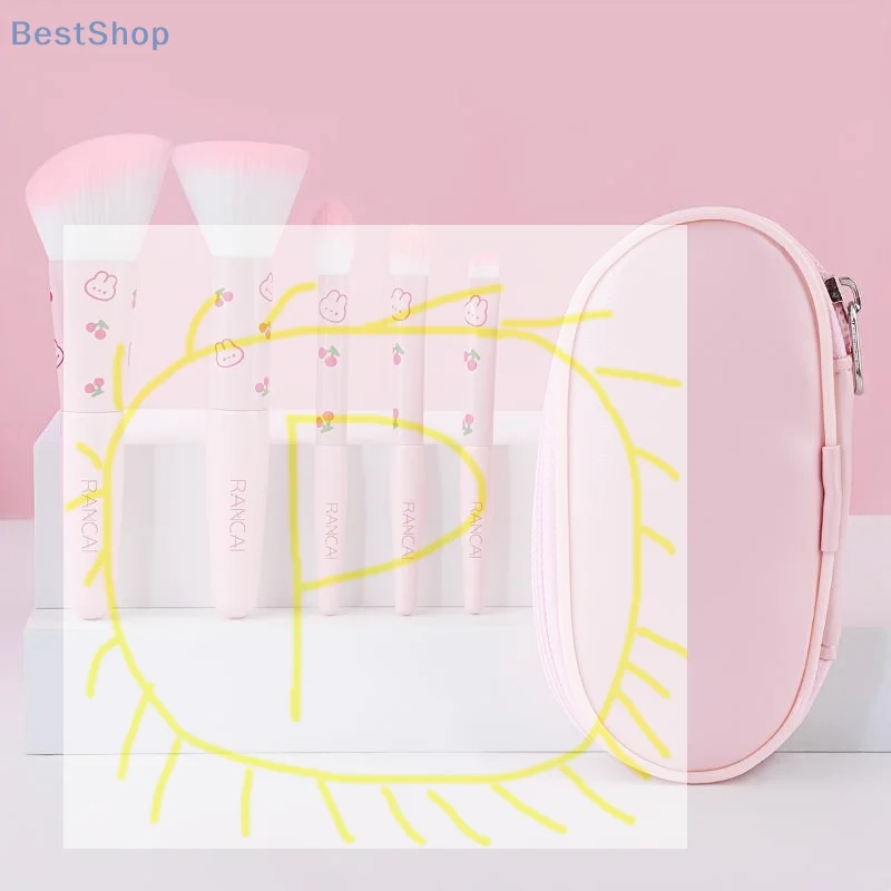 (●'◡'●)%(●'◡'●)5-piece Mini Pink Makeup Brush Set With Makeup Bag,Suitable For Flawless Foundation, Blush, Eyeshadow