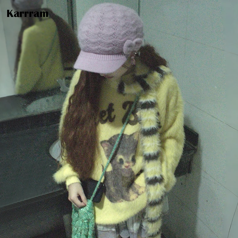 

Karrram японский свитер с вышивкой кота Y2k Trashy стиль 2000-х годов пушистый пуловер винтажный Harajuku желтый толстый трикотаж корейский 90-е годы