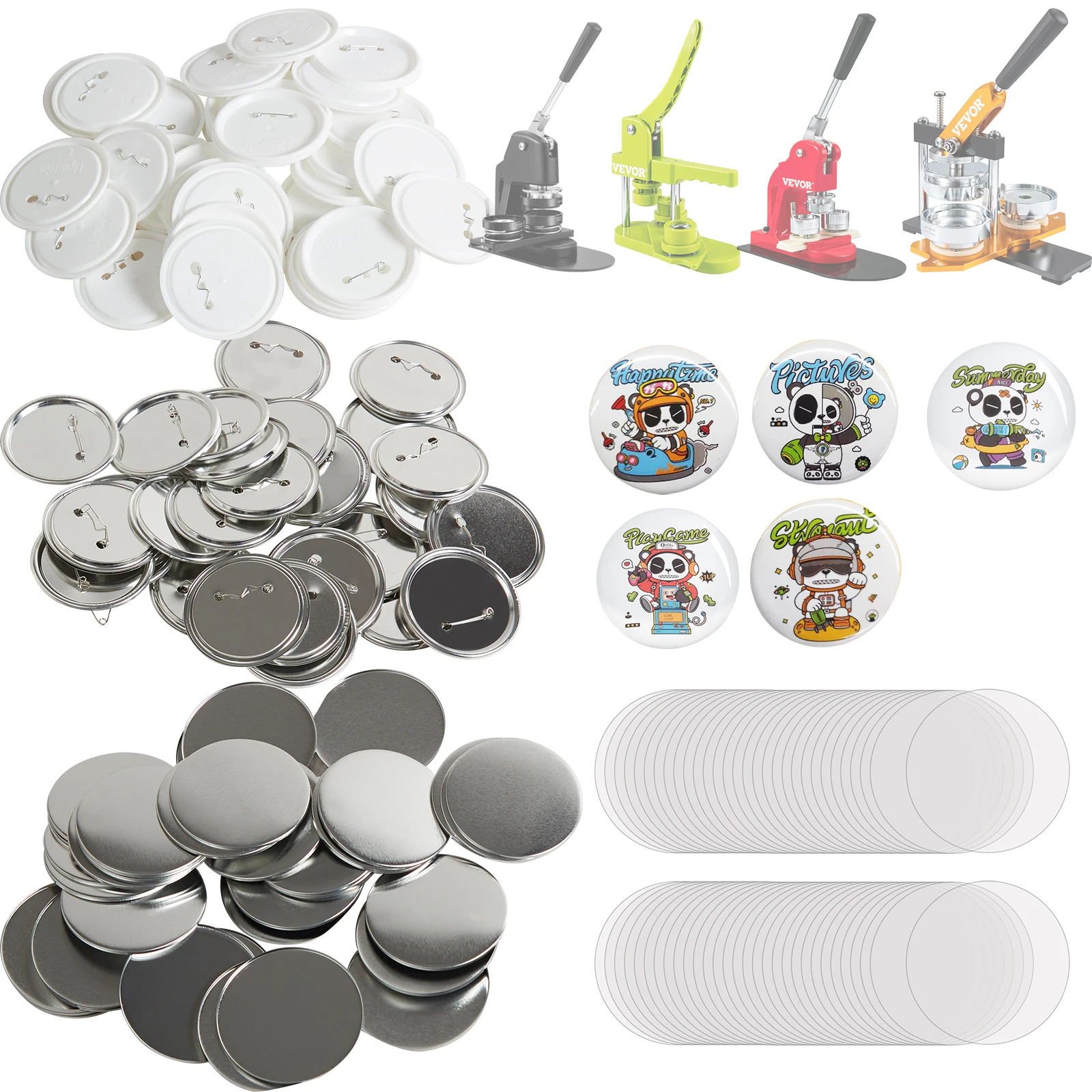 VEVOR 25/32/58/75mm Button Badge Parts Supplies for Button Maker Machine 200/500Sets Metal and Plastic Pin Badges