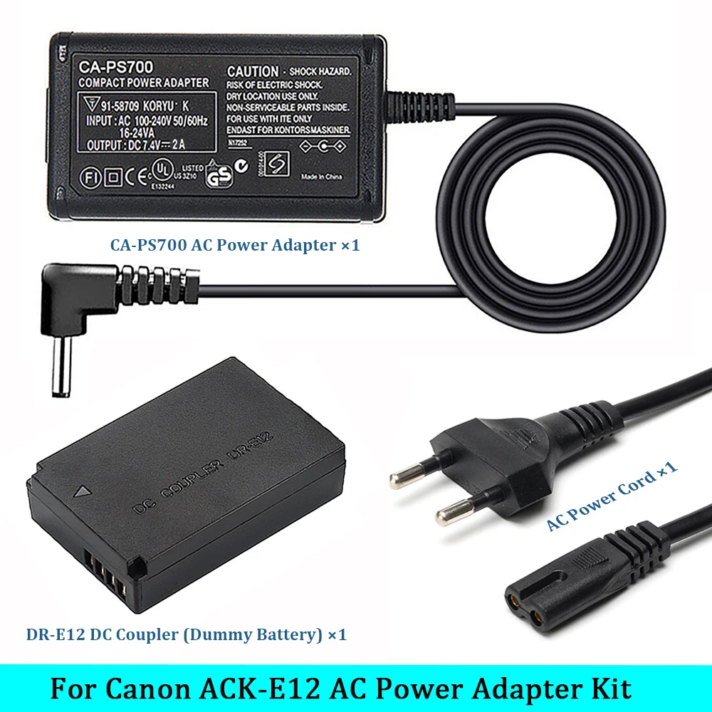 for Canon ACK-E12 AC Power Adapter Kit with CA-PS700 Power Supply & DR-E12 Dummy Battery for EOS M/M2/M10/M100/M200 Cameras