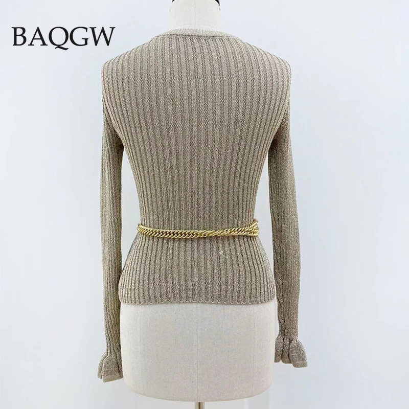 2025 AW 신상 여성용 골드 엘라스틱 풀오버 스웨터 라운드 넥 풀 플레어 슬리브 순색 니트 여성 상의