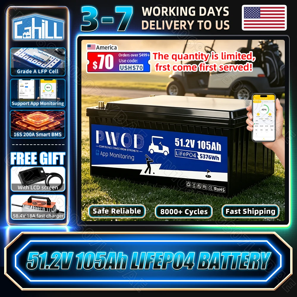 3A Active Balancing 48V 105ah Lifepo4 Battery Pack Built-in 16S 200A Smart Bluetooth BMS With Charger LCD Screen 5736WH 51.2V Golf Cart LFP Rechargeable Battery For RV Home Solar Energy Storage Golf Cart Backup Power