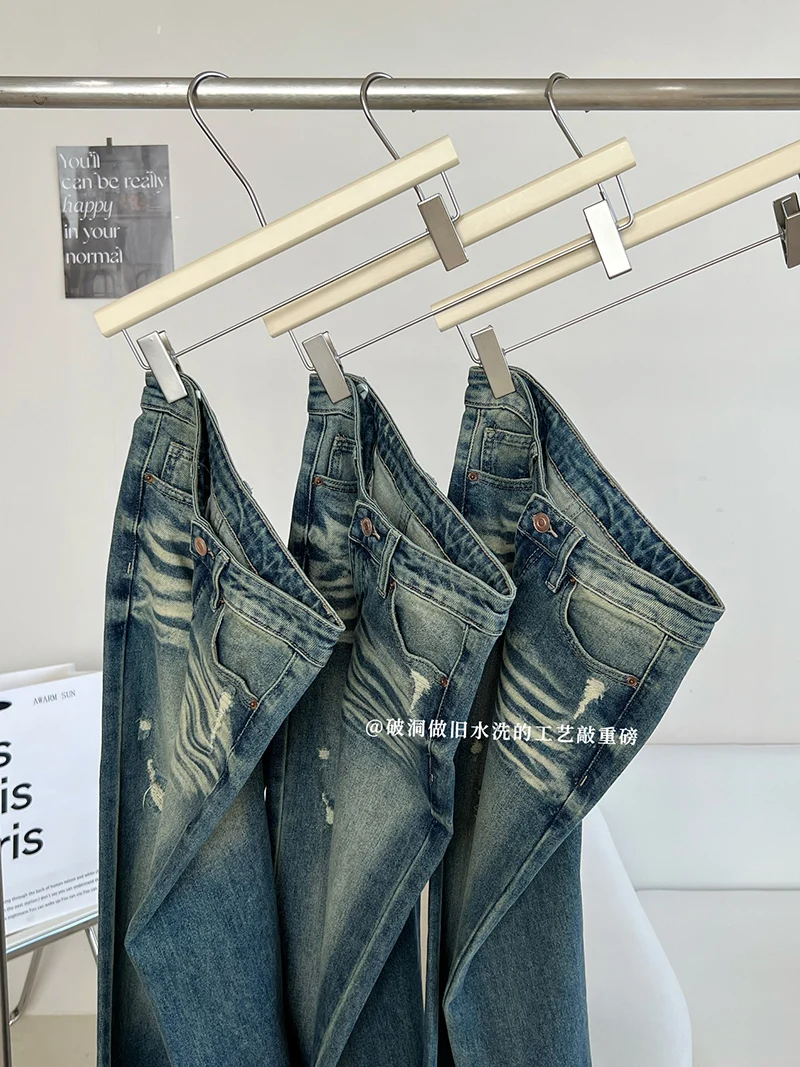 Primavera verão feminino angustiado rasgado alargamento jeans senhora streetwear cintura alta bota magra corte calças de brim comprimento total