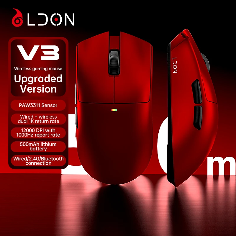 LDON V3 Tri-Mode Wireless Gaming Mouse 12000 DPI 1000Hz Rechargeable Bluetooth 2.4G Wired Ultra-Light 58g Ergonomic for PC Mac L