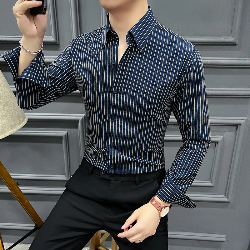 2024 Spring New, Custom Fabric, Seersucker French White Men's Striped Button Collar Shirt, Anti-Wrinkle Cool