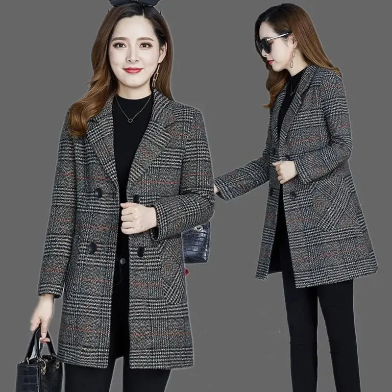 Fashion Spring And Autumn Women's Clothing 2023 New Mid-length Plaid Trench Coat TemperAment Loose Slim Button Ladies Parka 5XL