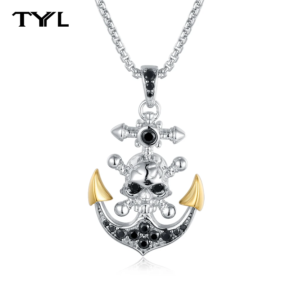 

TYYL черный муассанит пиратский корабль череп якорь кулон S925 стерлинговое серебро ожерелье для женщин мужчин ретро панк ювелирные изделия на Хэллоуин