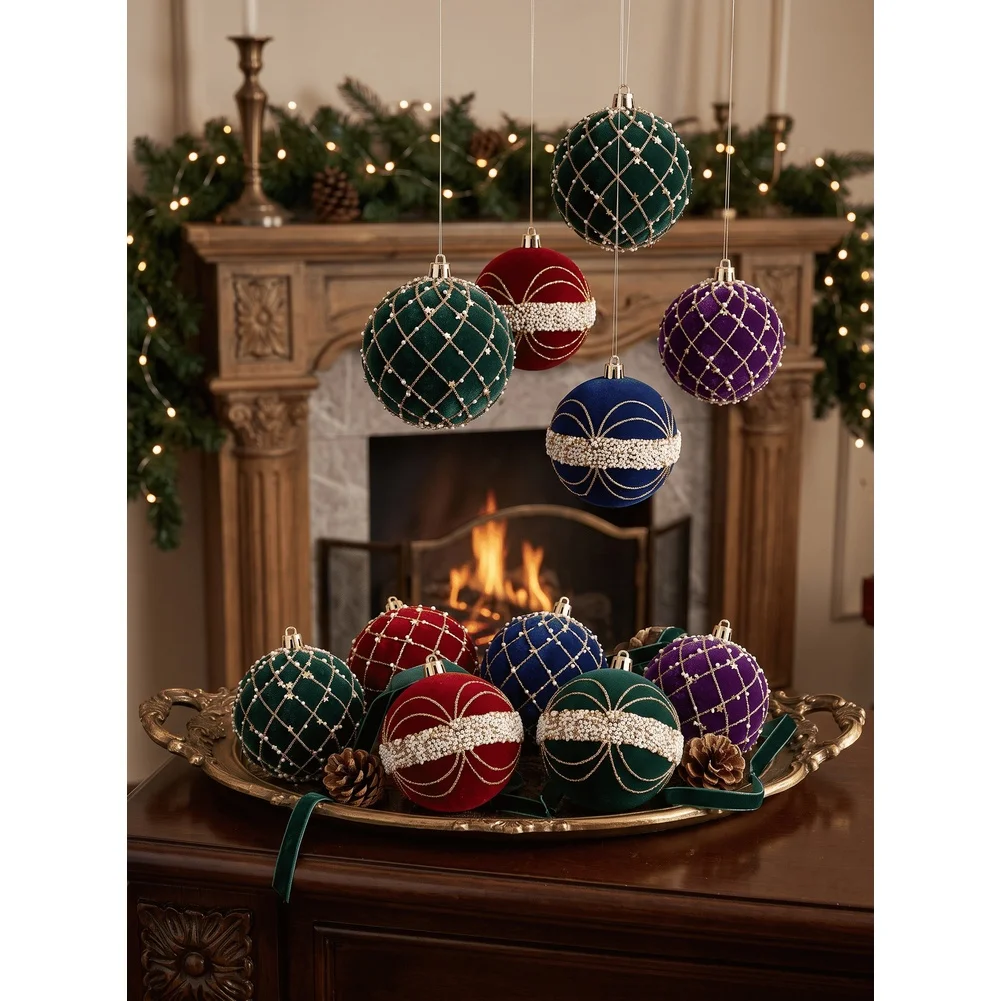 9Pcs 8cm Festive Christmas Finish Star Pearl Hanging Spheres Trimming Xmas Tree Pendant Holiday Home Indoor Party Decor Supply