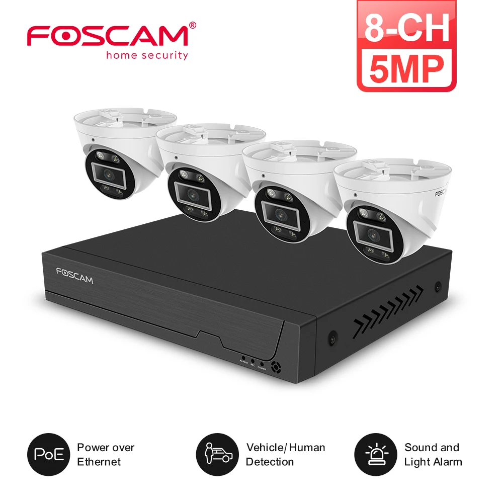 

Foscam 3K Security Camera System 4pcs 5MP PoE Person Vehicle Detection IP Surveillance Camera H.264 8CH NVR for 24/7 Recording