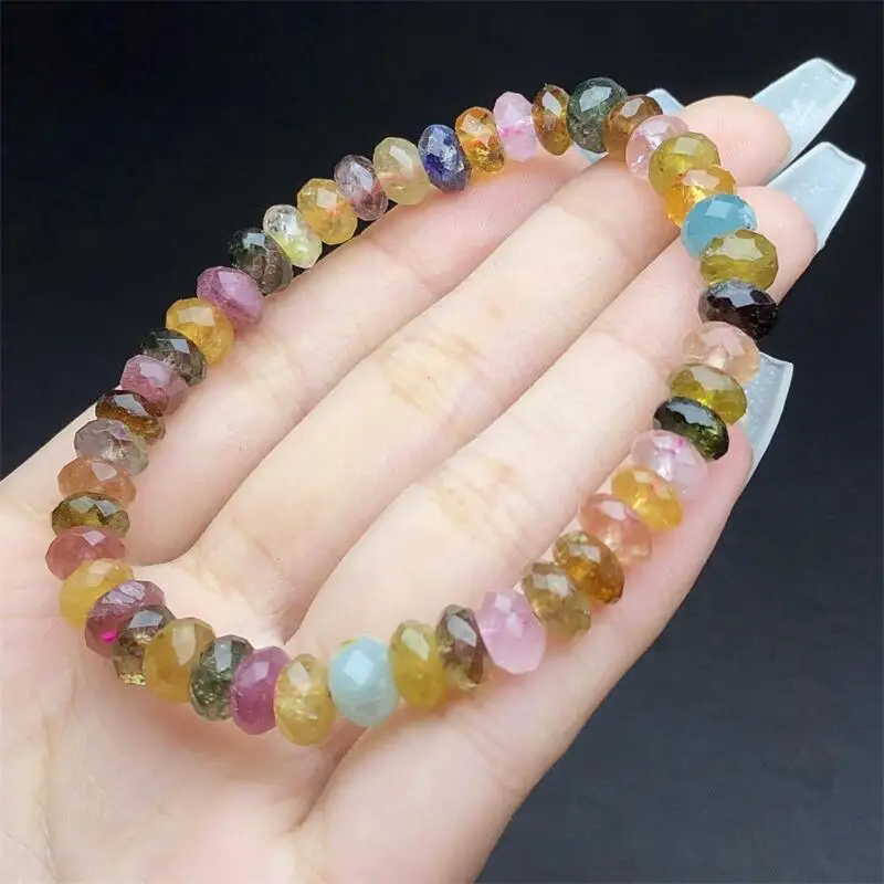 7MM Natural Tourmaline Facet Bead Bracelet Women Fashion Round Stone Elegant Healing Strand Wristband Gift 1PCS