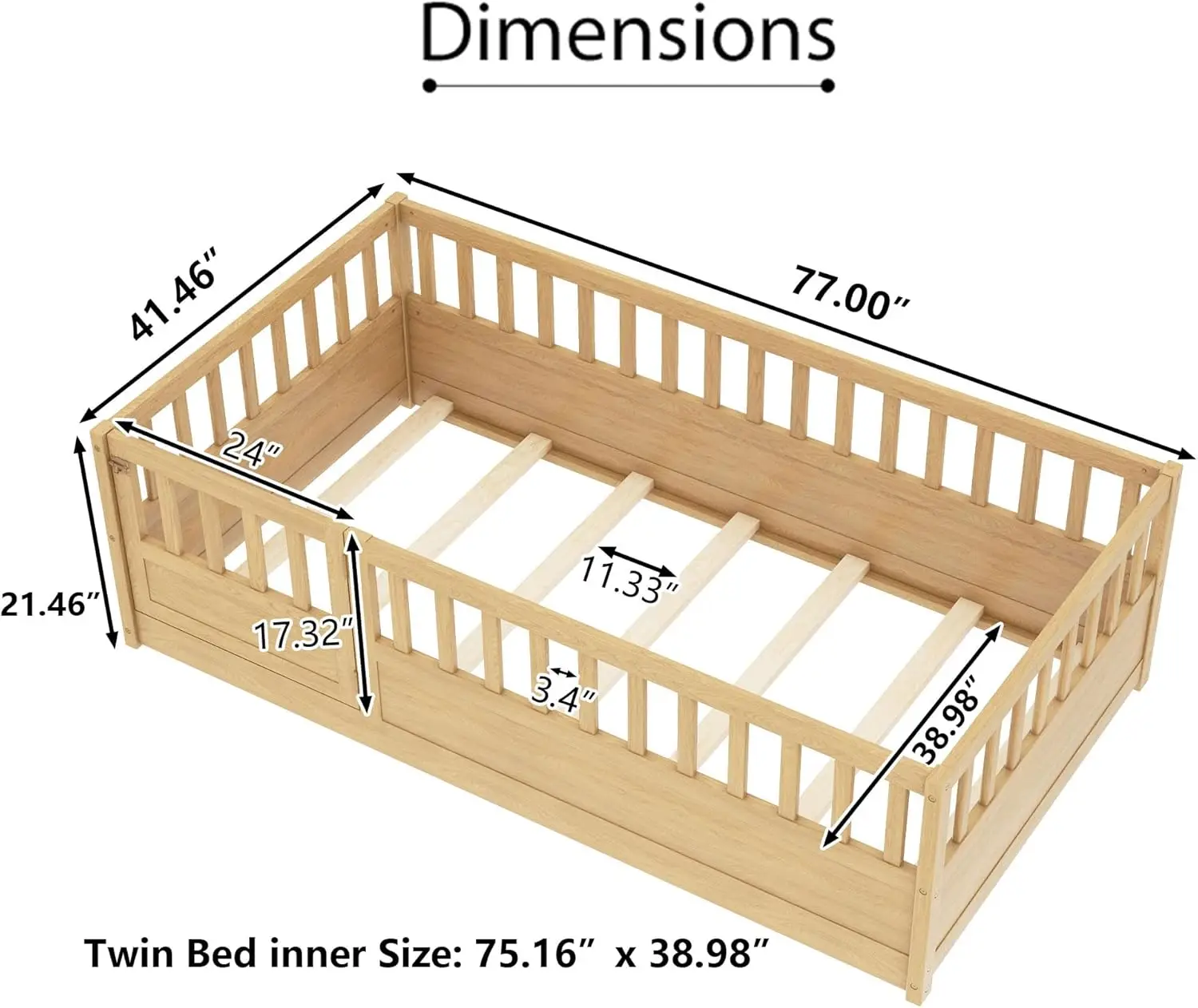 High Fence and Door, Kids Bed Twin Size, Wood Montessori Bed for Kids, Girls, Boys, Kids Montessori Floor Bed Twin Size(Natural