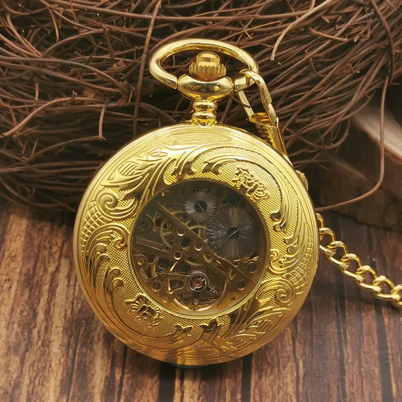 Reloj de bolsillo con esqueleto hueco de oro, pulsera de mano con números romanos de loto, cadena mecánica Vintage, regalo