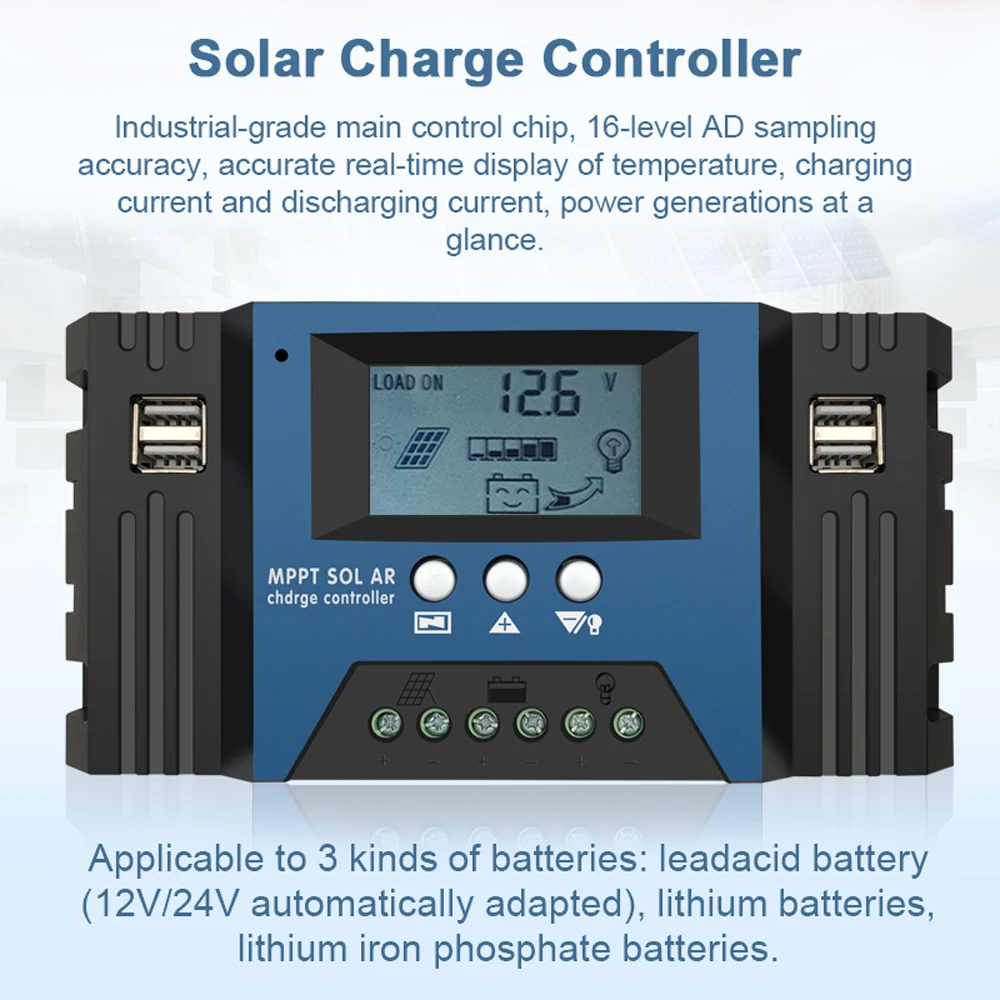 MPPT Solar Charge Controller 12/24V Auto Focus Solar Panel Controller Battery Intelligent Regulator with 4 USB Output