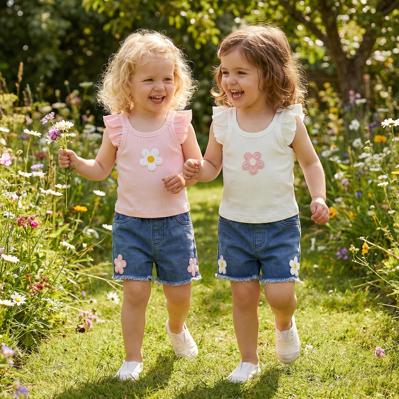 1-5Y Summer Kids Girls Shorts Set Ruffles Flower Camisole with Denim Shorts 2 piece Children's Outfit for Casual Daily