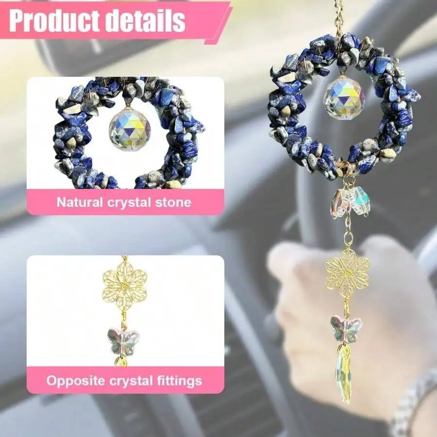 

Handmade Car Hanging Charm With Natural Crystal Stone And Butterfly Pendant Blue