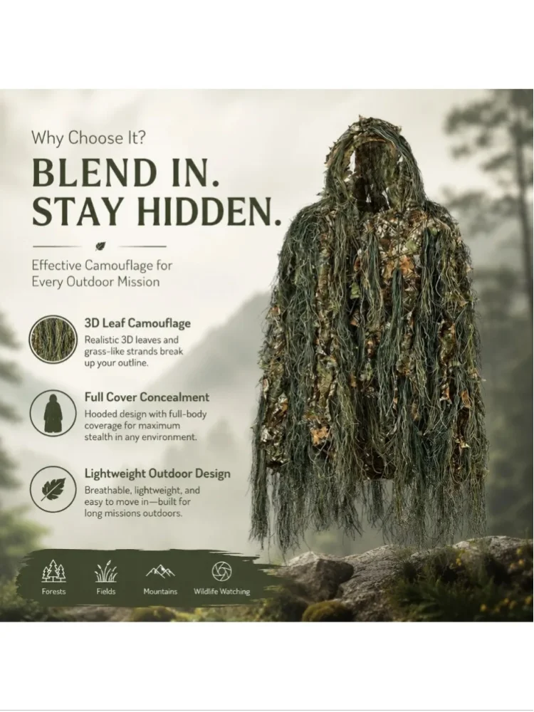 Kombinezon kamuflażowy Ghillie do użytku na zewnątrz, imitujący leśny krajobraz, z trójwymiarowym, bionicznym wzorem liści, oddychający, lekki zestaw odzieży do polowań, gry w airsoft, odgrywania ról — 2