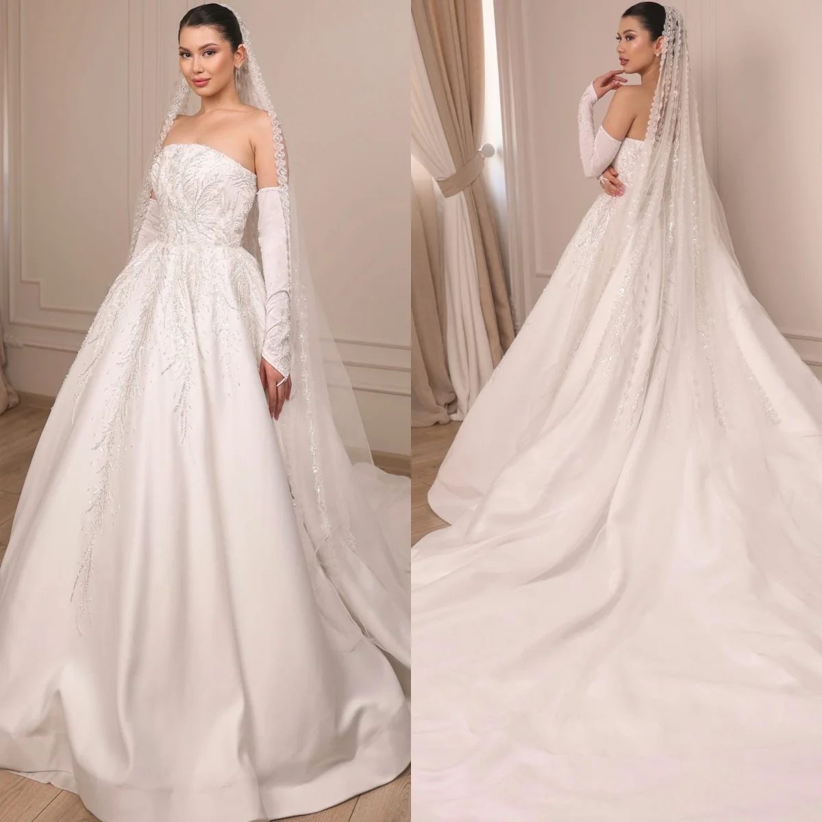 Personalizado branco elegante manga destacável vestido de casamento sem alças lantejoulas cristal festa de noiva rendas até voltar vestidos de noiva