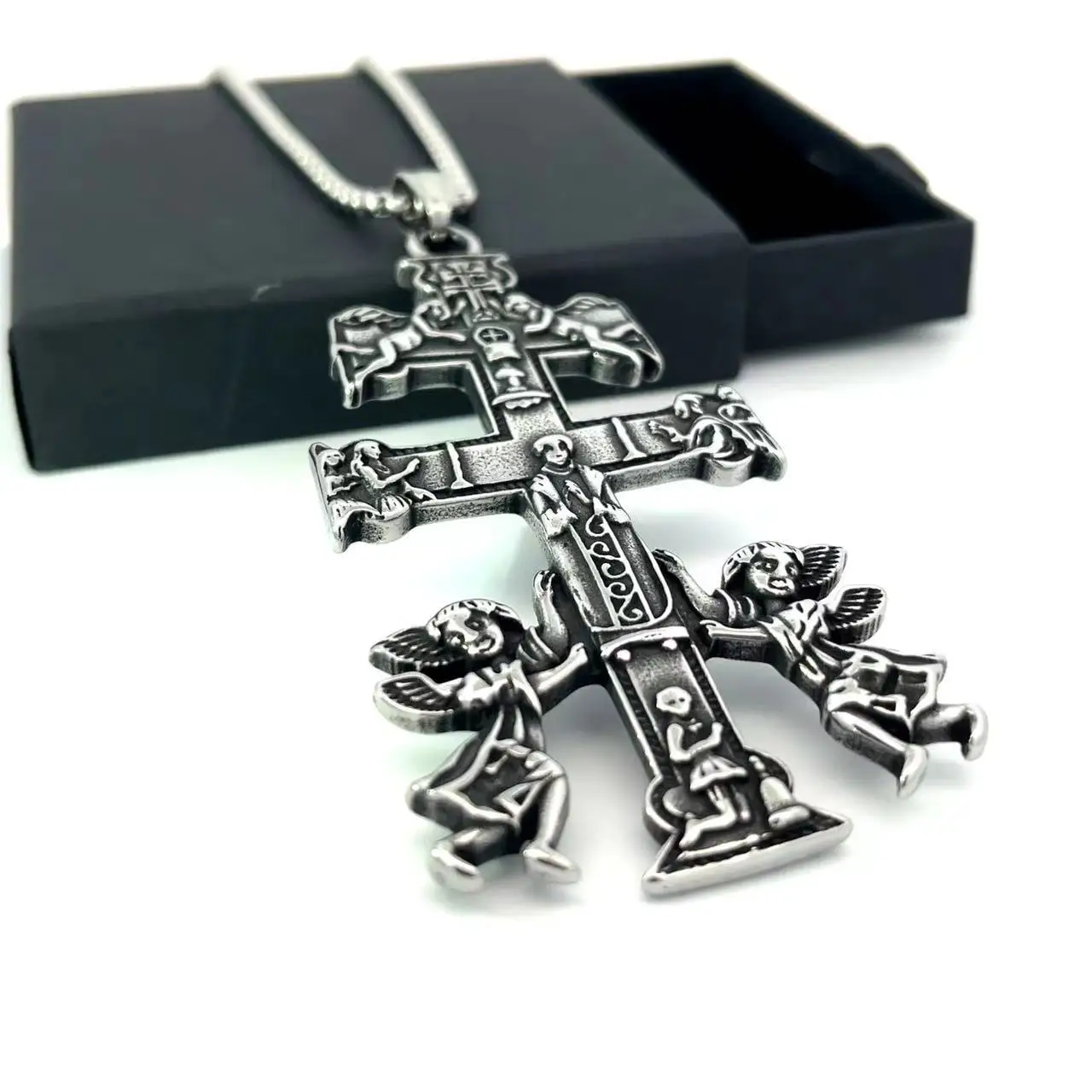 Cruz católica INRI Caravaca crucifijo de Jesús querubín Ángel collar para Mujeres Hombres Acero inoxidable ortodoxa Rusia joyería regalo