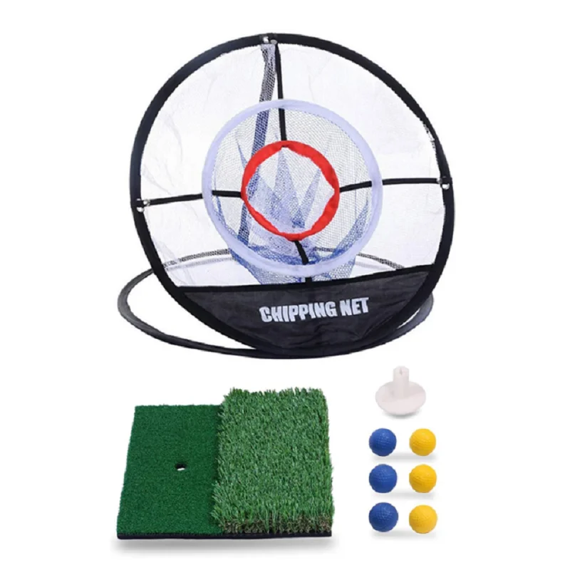 Golf Chipping Net Dual Turf Hitting Mat With Rubber Tee Combo 3-Target Hole Practice Training Aid with 6 Training Balls