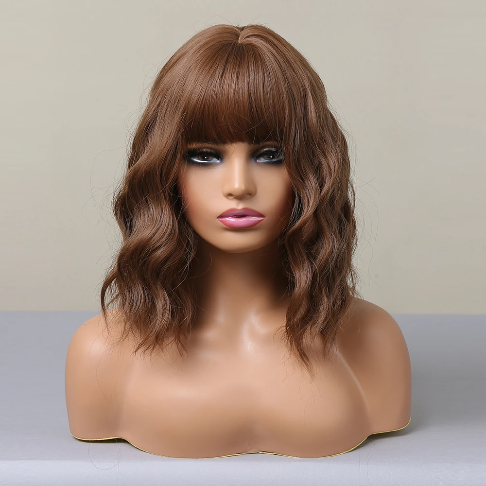 Short Curly Synthetic Wigs Shoulder Brown Wave Bob Wigs with Bangs for Women Daily Cosplay Party Use Heat Resistant