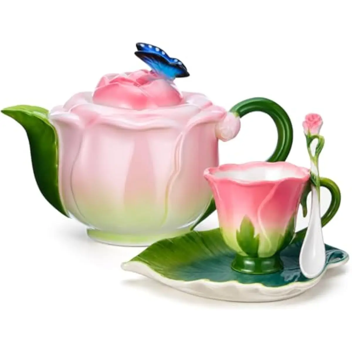 Rose-Inspired Ceramic Tea Set with 22 oz Teapot, 6.8 oz Cup, Saucer and Floral Spoon — Hand-Painted Multicolor Blossoms, High-Fi