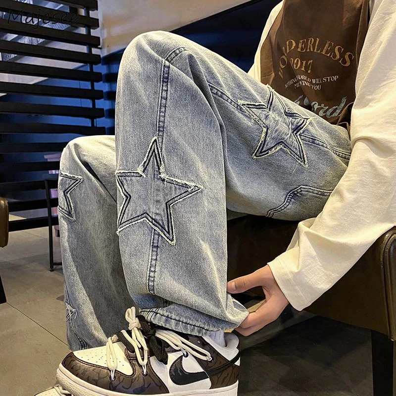 

Baggy Jeans Men American Style Vintage Star Patchwork Handsome Personality Hip-hop Fashion Streetwear Casual Full-length Trouser