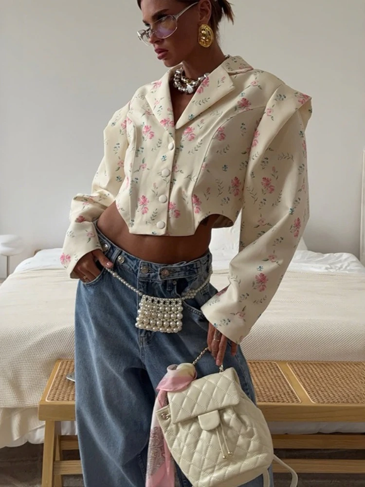 FDYOUI 2025 Herfst Bloemenprint Pak Vrouwen Lange Mouw Crop Tops Blazers Office Lady Single Breasted Korte Outerwears Streetwear