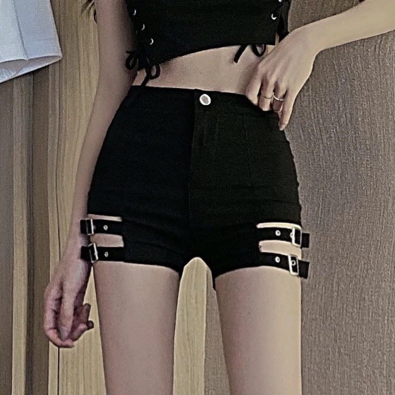 Black Sexy Shorts Women Summer High Waist Single Button Zipper Side Metal Buckle Design Hotsweet Chic Slim High Street All-match