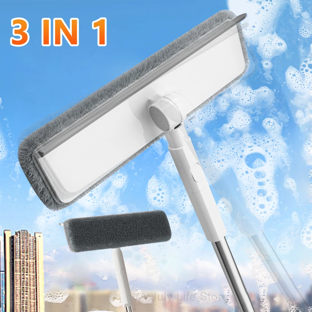 3 In 1 Telescopic Window Glass Cleaner Wiper Long Handle Double-Side Brush Window Mop Squeegee Wiper Household Cleaning Tool