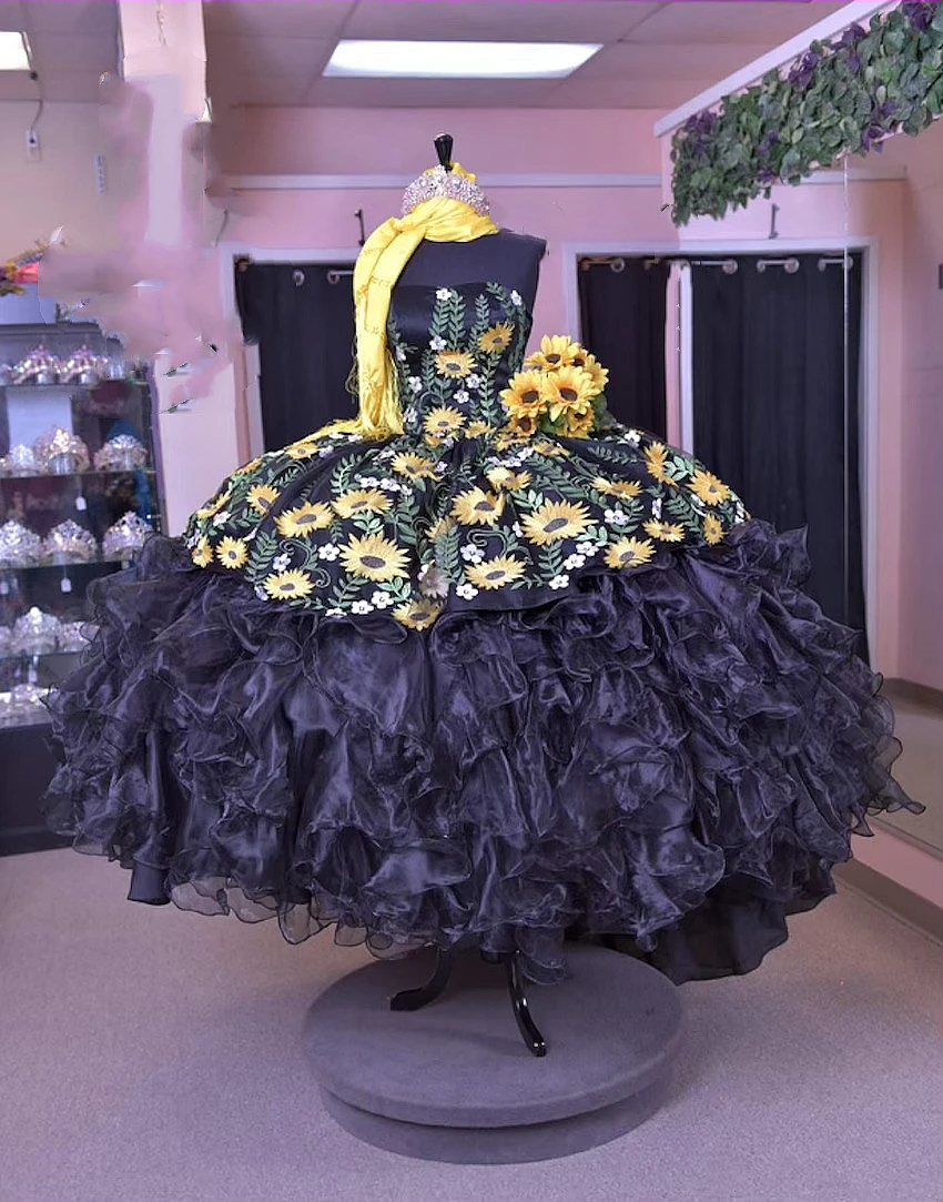 

Charro Quinceanera Dresses Black Strapless Sleeveless Puffy Party Prom Ball Gown Sun Flowers Embroidery Tiered Organza Vestidos