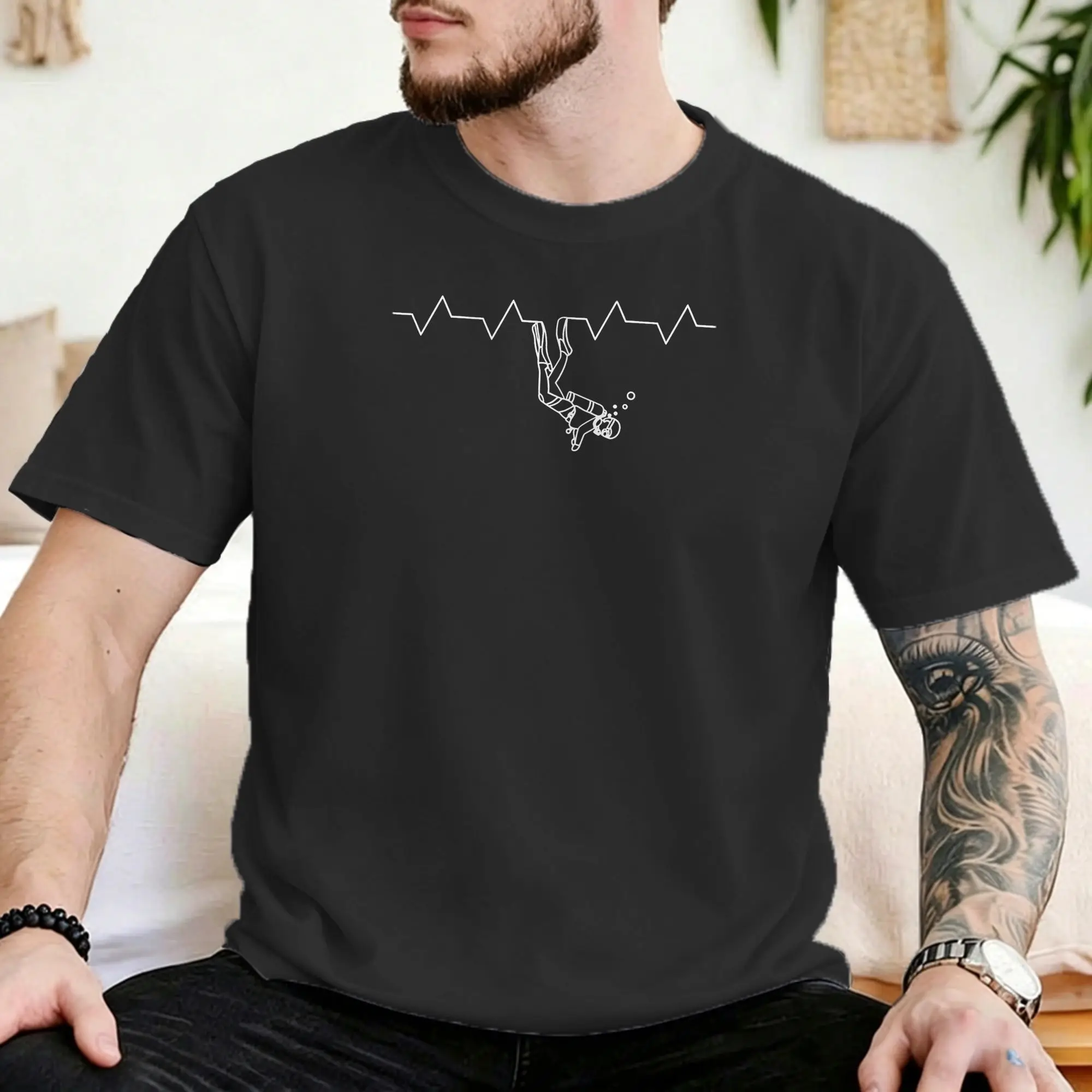 Camiseta masculina e feminina para mergulho com estampa de batimento cardíaco, roupas de algodão puro, camisetas humorísticas de manga curta com gola 