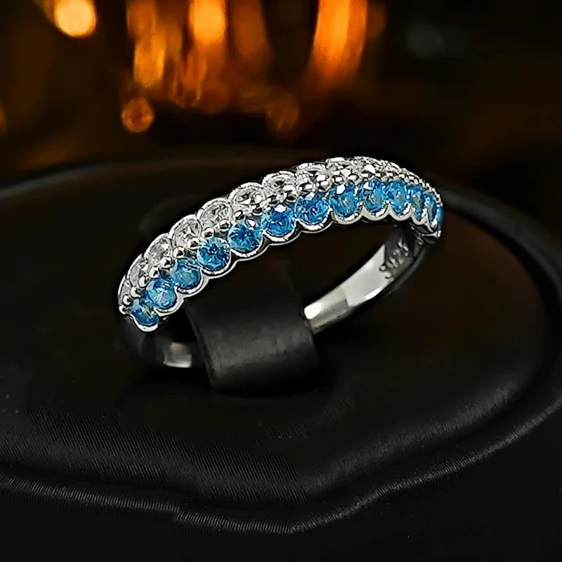 Double Row Zircon Contrasting Color Star Track Ring Fashion Simple Exquisite Rings Layered Sea Blue CZ Finger Jewelry for Women