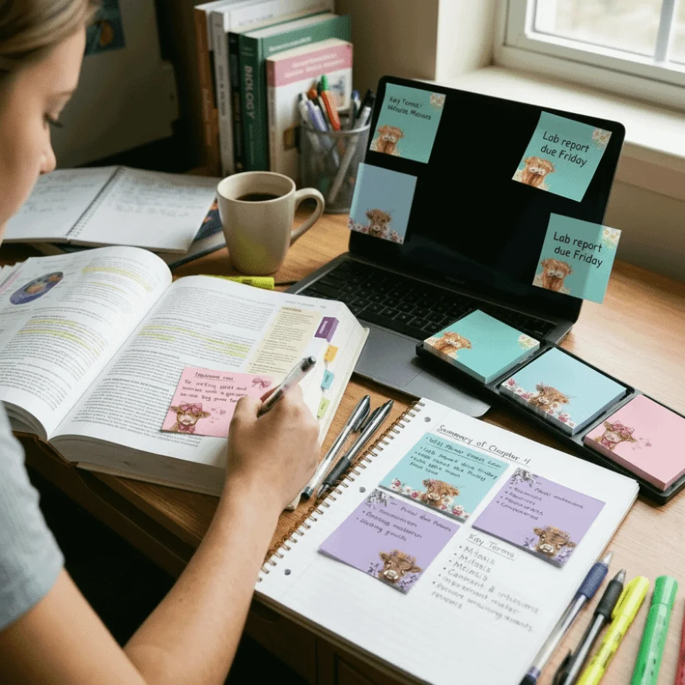 

Planner Cartoon Design Sticky Notes Set Square 80 Pages Self-Stick Notes Notepad Cute Cow Memo Pads School Supplies