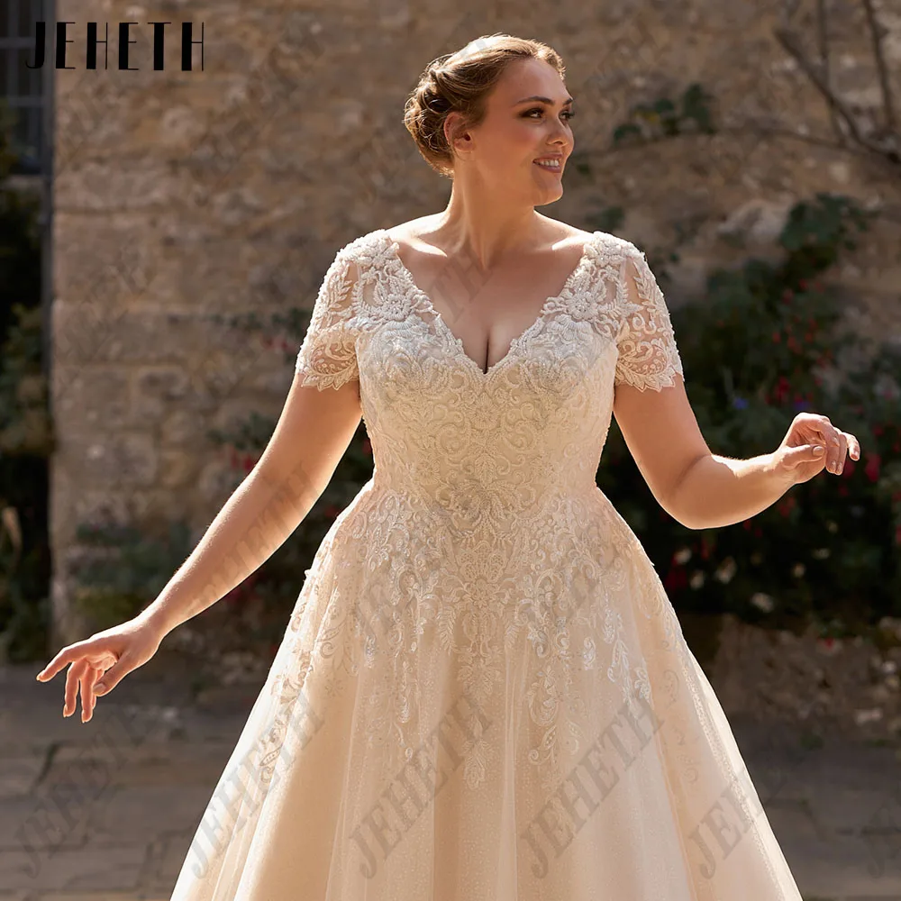 JEHETH Elegant Short Sleeves Wedding Dresses Plus Size For Woman Lace Up Back V-Neck Bride Gowns A-Line Tulle vestidos de novia